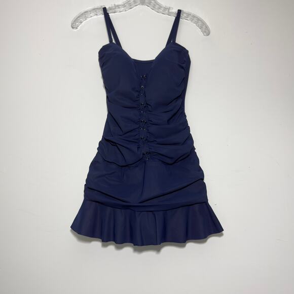PROFILE by GOTTEX 60s Style Ruched Navy Lace Up Swimsuit Dress Size 12 Large - Picture 1 of 5